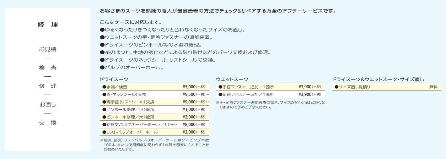 ワールドダイブ　スーツ　修理