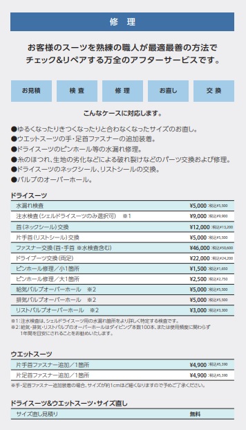 ドライスーツ修理表