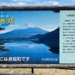 本栖湖の逆さ富士と案内看板